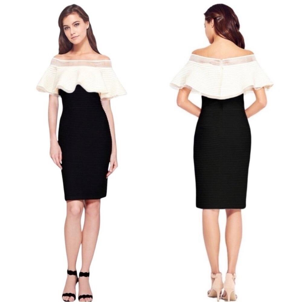 Tadashi Shoji Tabora Jersey Off Shoulder Pintuck Midi Dress Medium